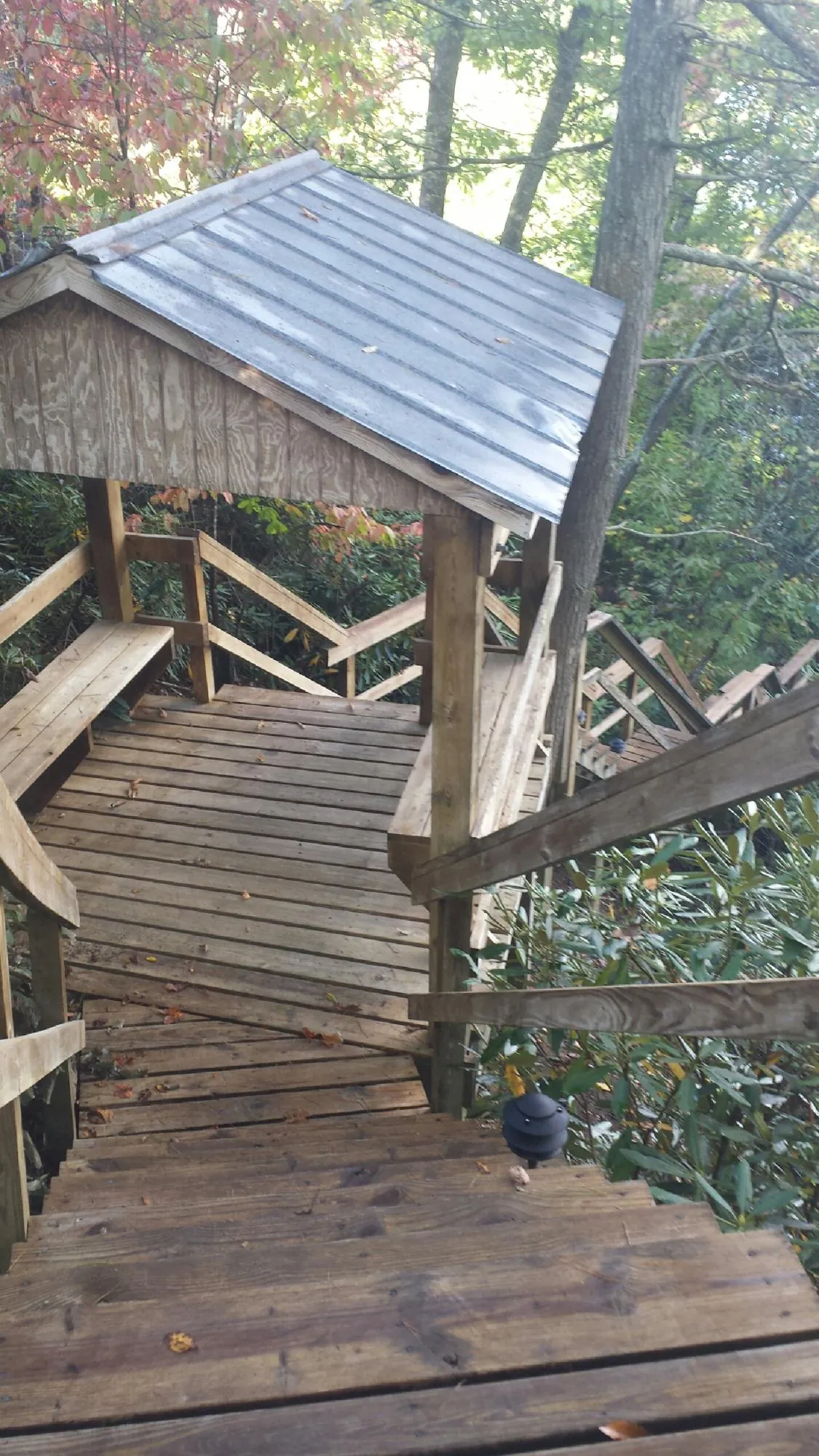 Metal roofed shelter over wooden steps on a wooded walkway — Skylight Repair & Installation work by our crew in Dodge